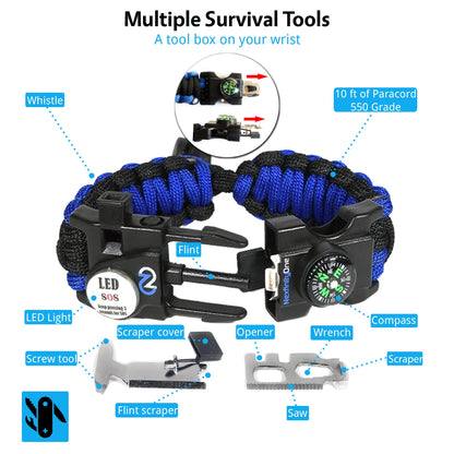 Nexfinity One Survival Paracord Bracelet - Tactical Emergency Gear Kit with SOS LED Light, 550 Grade, Adjustable, Multitools, Fire Starter, Compass, and Whistle - Set of 2 (Blue)