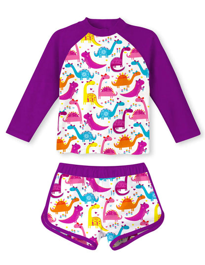 Baby Girls Boys Long Sleeve Swimsuits Child 4t 5t Dinosaur Printed Slim Fit Swim Top with Swim Trunks 2 Piece Swim Sets for Summer Holiday Vacation