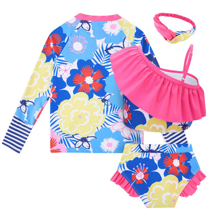 Funnycokid Girls Swimsuit 4 Piece Rash Guard Set Size 5 6 Long Sleeve Swimwear Hot Pink Flower UPF5+ Bathing Suit