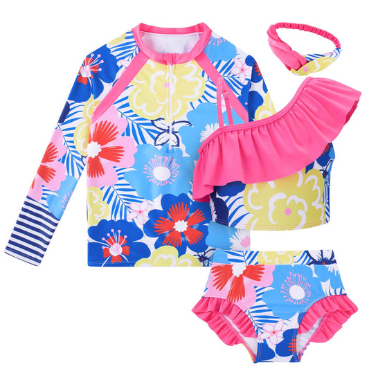 Funnycokid Girls Swimsuit 4 Piece Rash Guard Set Size 5 6 Long Sleeve Swimwear Hot Pink Flower UPF5+ Bathing Suit