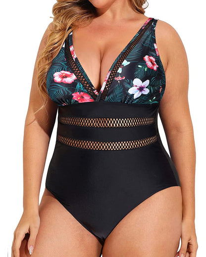 Daci Women Flower and Black Plus Size One Piece Swimsuits Plunge Sexy V Neck Bathing Suit Hollowed Swimwear 20W