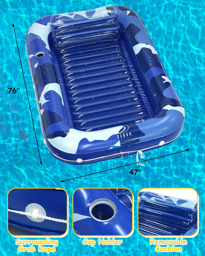 Sebor Larger Inflatable Tanning Pool Lounger Float, 76" x 47" Thicken Suntan Tub Pool Floats with Removable Backrest & Cupholder, Navy Blue (Navy Blue, Large)