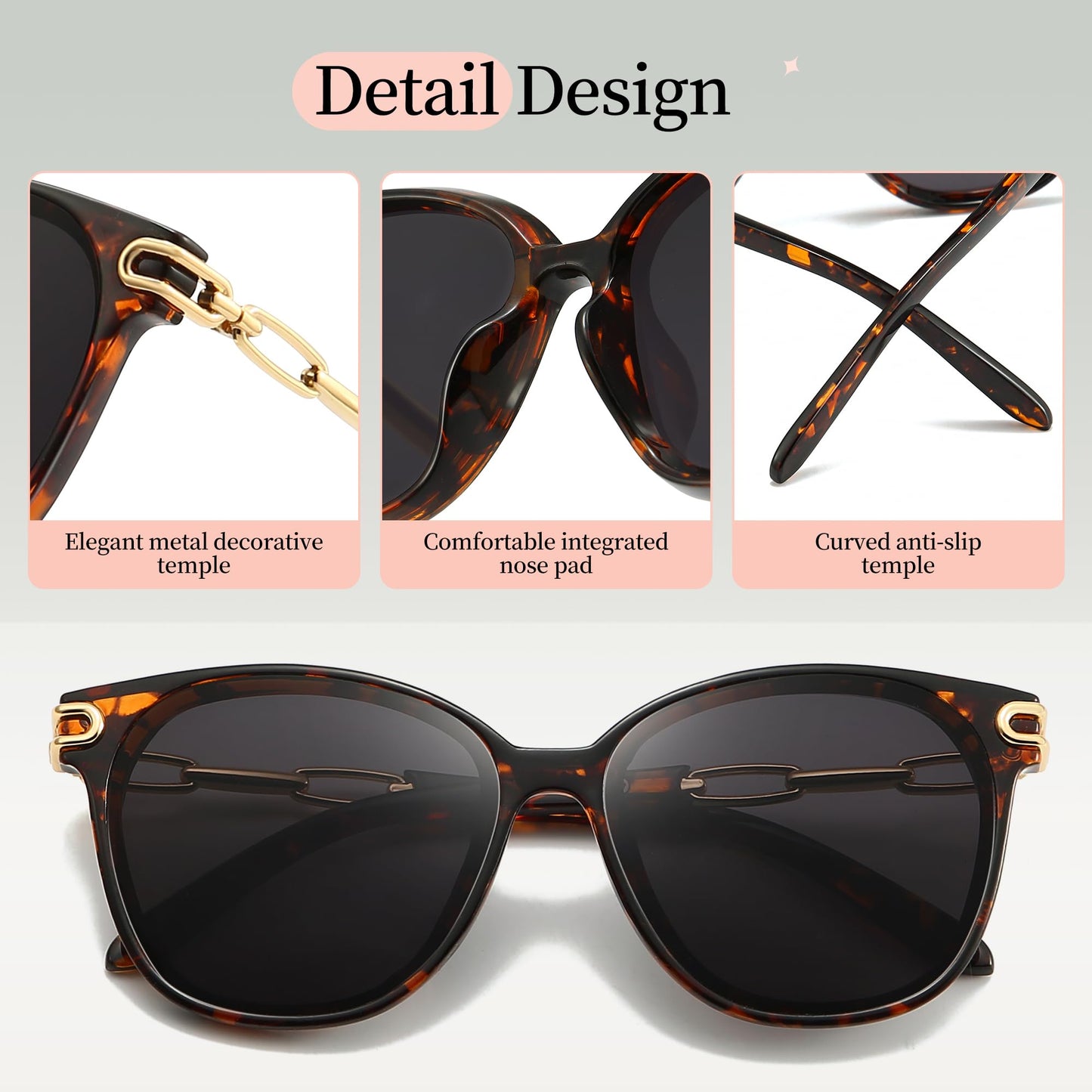 Colrea Oversized Round Sunglasses Womens Trendy Sunglasses for Women Fashion Frame Gold Chain UV400 Protection 15067