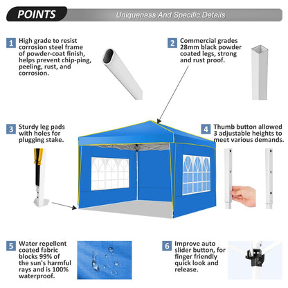 COBIZI 10x10 Pop up Canopy, Canopy Tent 10x10 Gazebos, Ez up Canopy 10x10 for Parties Beach Camping Party Event Shelter Sun Shade with 4 Sidewalls & Carry Bag 4 Stakes & Ropes & Sandbags, Blue