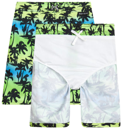 Body Glove Boys' Rash Guard Swim Set - 2 Piece UPF 50+ Swim Shirt and Bathing Suit Trunk for Boys (4-12), Size 4, Green Neon/Palm Trees