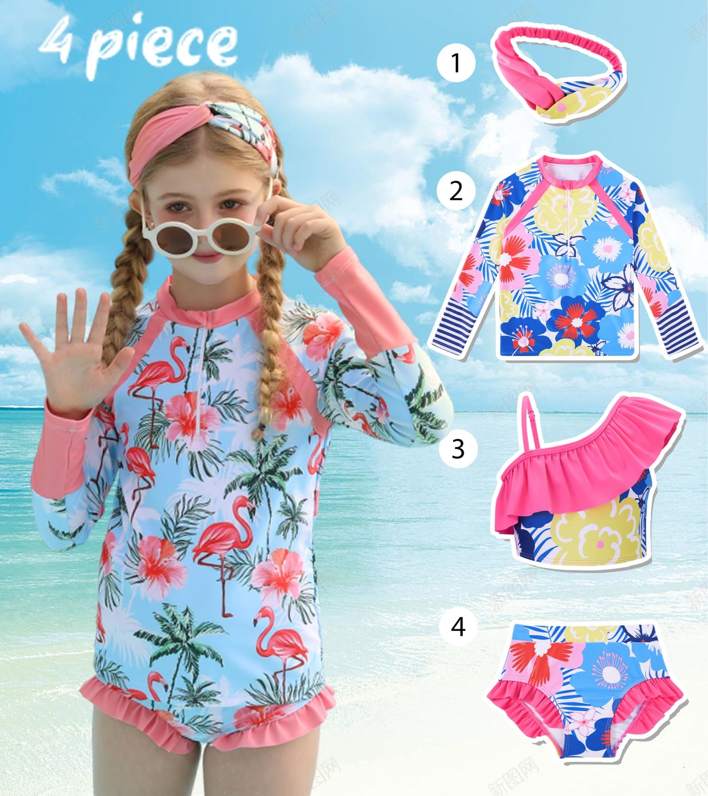 Funnycokid Girls Swimsuit 4 Piece Rash Guard Set Size 5 6 Long Sleeve Swimwear Hot Pink Flower UPF5+ Bathing Suit