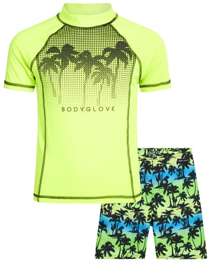 Body Glove Boys' Rash Guard Swim Set - 2 Piece UPF 50+ Swim Shirt and Bathing Suit Trunk for Boys (4-12), Size 4, Green Neon/Palm Trees