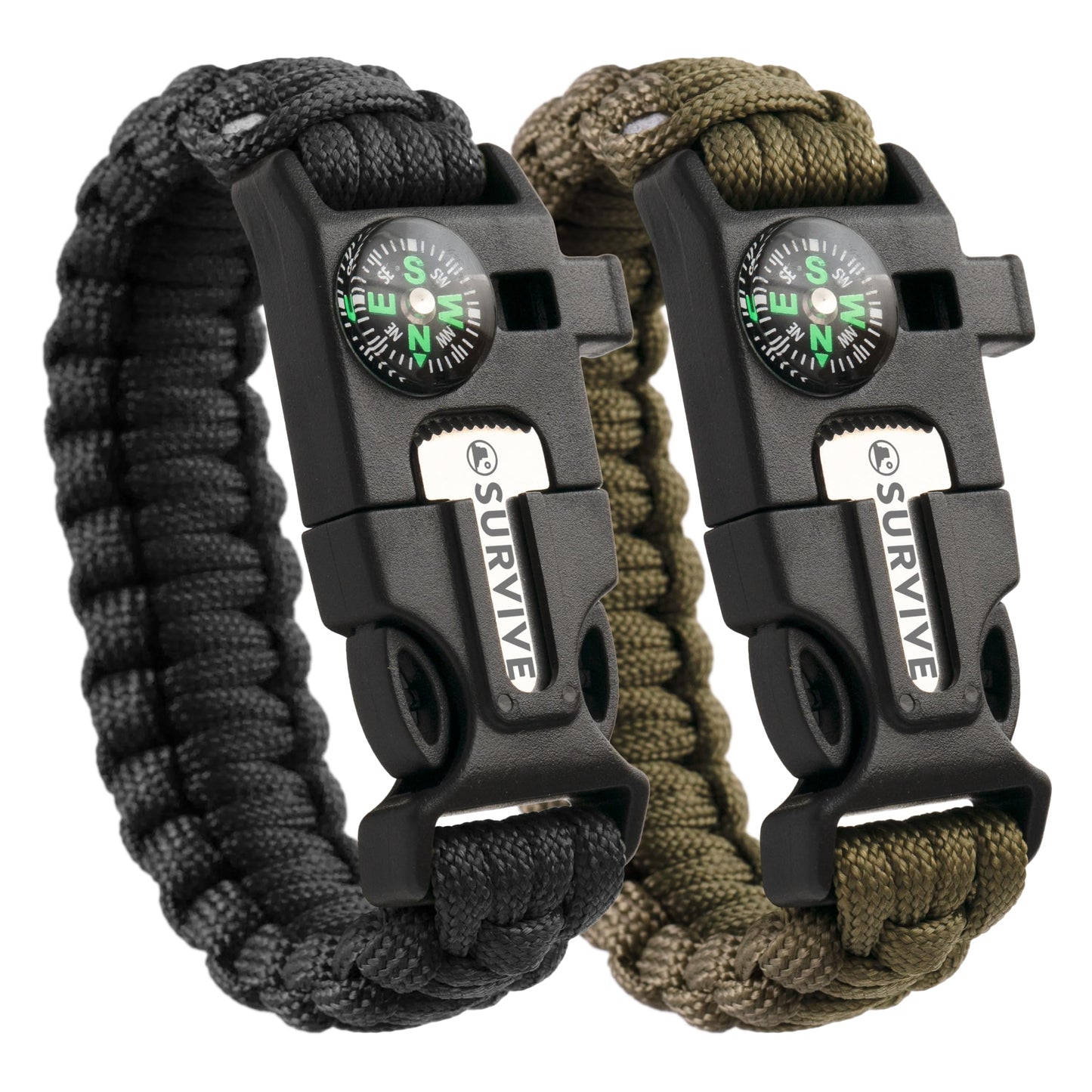 SURVIVE Paracord Bracelet, Pack of 2, Emergency Survival Kit Fire Starter Compass Whistle 8.5 ft Continuous Strand Flint Steel Scraper 5 in 1