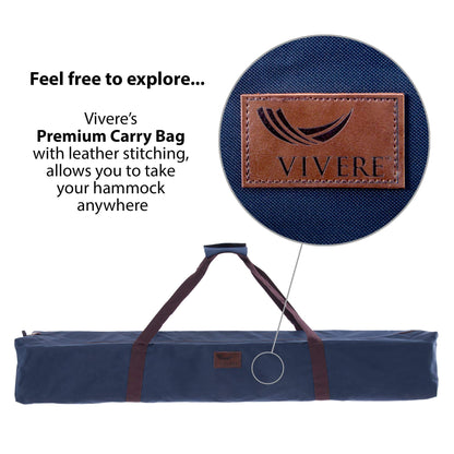 Vivere Double Cotton Hammock with Space Saving Steel Stand, Denim (450 lb Capacity - Premium Carry Bag Included), Denim with Charcoal Frame, 1 Count