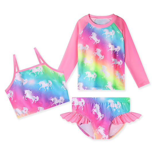 LQSZ Girls Rash Guard Sets Rainbow Unicorn Long Sleeves Swimsuit 3 Pieces Tankini Bathing Suit Swimwear for Girls Beach Summer 5 6t