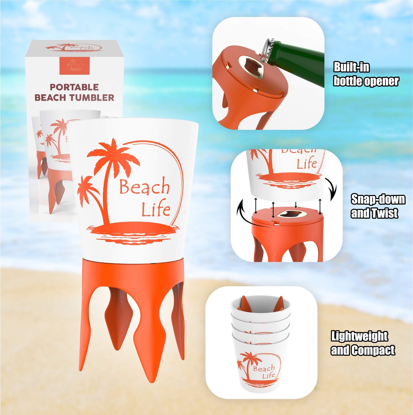 Beach Vacation Accessories, 4 Beach Cup Holders Sand w/Bottle Opener & Spikes, Drink Holder Coaster Spike Cups for Women Men Adults, Sand Cup Holders Beach Lover Gifts Items