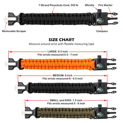 SURVIVE Paracord Bracelet, Pack of 2, Emergency Survival Kit Fire Starter Compass Whistle 8.5 ft Continuous Strand Flint Steel Scraper 5 in 1