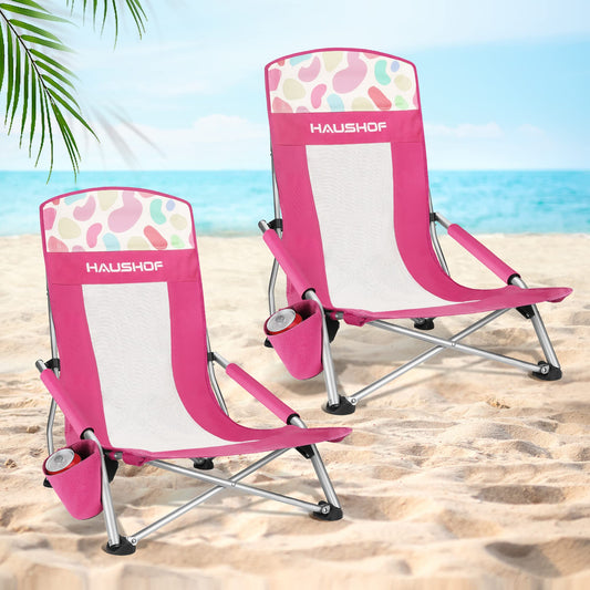 HAUSHOF 2-Pack High Back Beach Chairs, Mesh Back Folding Chair, Lightweight Low Seat Camping Chairs with Cup Holder, Carry Bag, Padded Armrest for Outdoor Beach Lawn Camping Picnic Festival