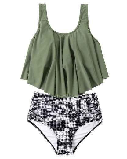 OMKAGI Womens Ruffle Bikini Top High Waisted Bathing Suits Bottom Sexy Tankini (L,Green-Stripe)