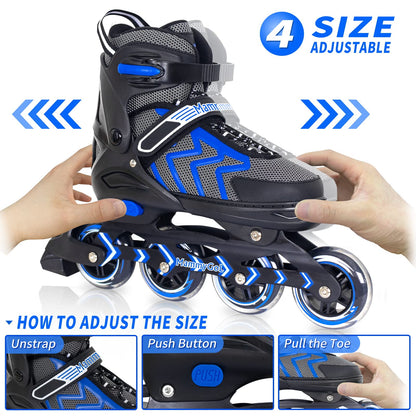 Inline Skates for Adults Men Women, Adjustable Aggressive Durable Roller Saktes with Giant Wheels, High Performance Skates for Male Female Blue Size 8 9 10 11