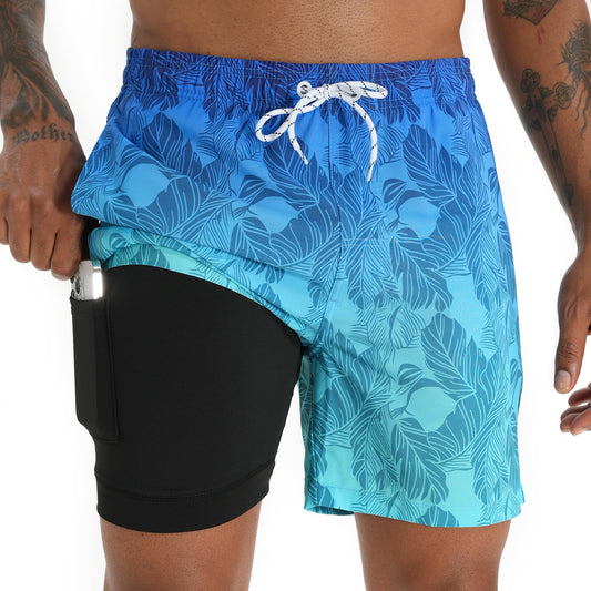 zeetoo Mens Swim Trunks with Compression Liner 5.5" Inseam Swim Shorts Quick Dry Shorts Gradient-Leaf-Green XL