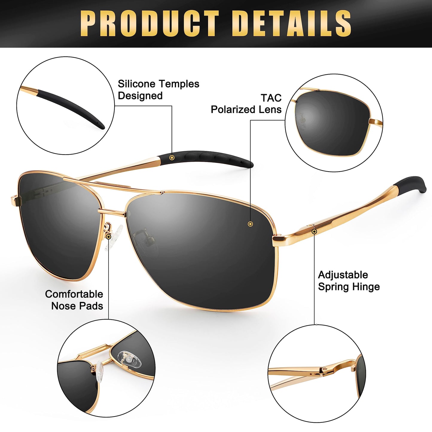 Peekaco Polarized Square Aviator Sunglasses for Men Women, Pilot Style Durable Metal Frame with Spring Hinges, UV400