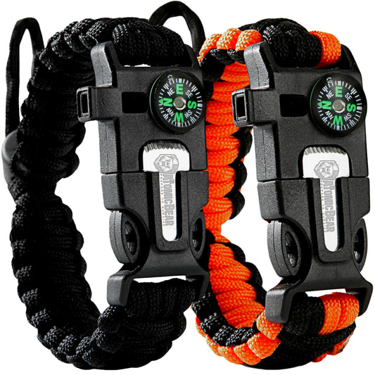 Atomic Bear Paracord Bracelet (2 Pack) - Adjustable - Fire Starter - Loud Whistle - Perfect for Hiking, Camping, Fishing and Hunting - Black & Black+Orange