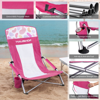 HAUSHOF 2-Pack High Back Beach Chairs, Mesh Back Folding Chair, Lightweight Low Seat Camping Chairs with Cup Holder, Carry Bag, Padded Armrest for Outdoor Beach Lawn Camping Picnic Festival