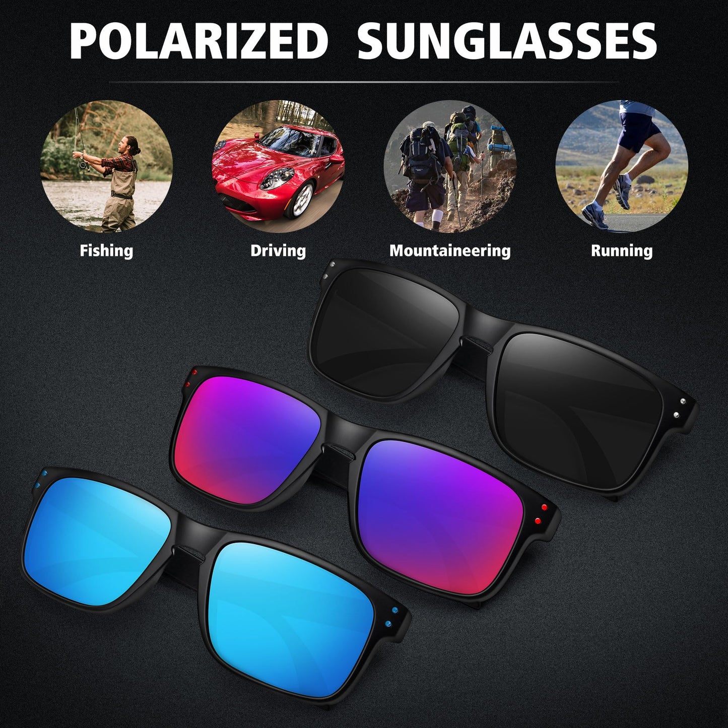 MEETSUN Polarized Sunglasses for Men Women Sports Driving Fishing Glasses UV400 Protection 3Pack-Black+Black Frame/Purple Blue Mirror Lens+Black/Blue