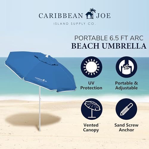 CARIBBEAN JOE Beach Umbrella, Portable and Adjustable Tilt Sun Umbrella with UV Protection, Vented Canopy, Full 6.5 ft Arc, Blue