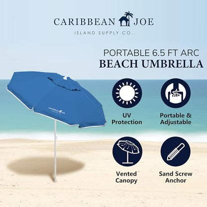 CARIBBEAN JOE Beach Umbrella, Portable and Adjustable Tilt Sun Umbrella with UV Protection, Vented Canopy, Full 6.5 ft Arc, Blue