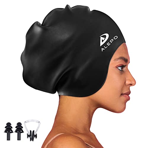 Alepo Extra Large Swim Cap for Women Men, Durable Silicone Swimming Hat with Ear Protection, Unisex Adults Bath Swimming Caps for Long Thick Curly Hair & Dreadlocks Braids Weaves Afro Hair (Black)