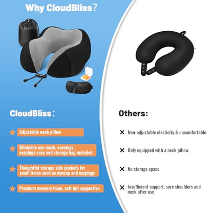 CloudBliss Travel Pillow Premium Memory Foam, Comfortable & Supportive Neck Pillow, Pain Relief Sleeping Neck Pillows for Travel, Airplane Pillow for Sleeping Airplane, Car, Office and Home（Black）