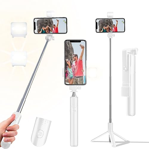 Selfie Stick Tripod, 40in Retractable Phone Tripod with Wireless Remote Control & Light, Portable Selfie Stick Tripod for Photograph, Video Recording, Compatible with All Cellphones