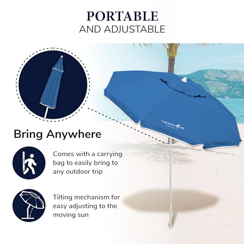 CARIBBEAN JOE Beach Umbrella, Portable and Adjustable Tilt Sun Umbrella with UV Protection, Vented Canopy, Full 6.5 ft Arc, Blue