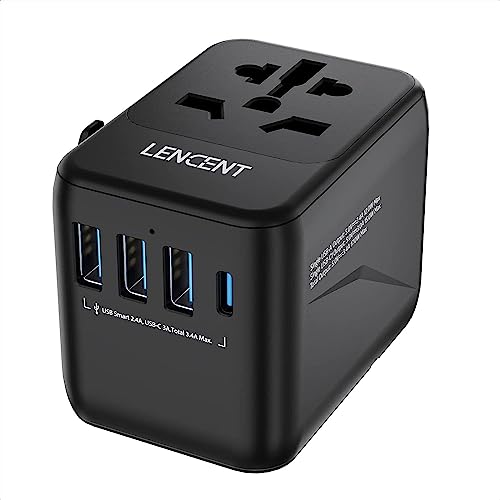 LENCENT Universal Travel Adapter, International Charger 3 USB Ports & Type-C Charging Adaptor Cellphones,Laptop, All in One Travel Plug Adapter Over 200 Countries (USA UK EU AUS) (Black) 651FC