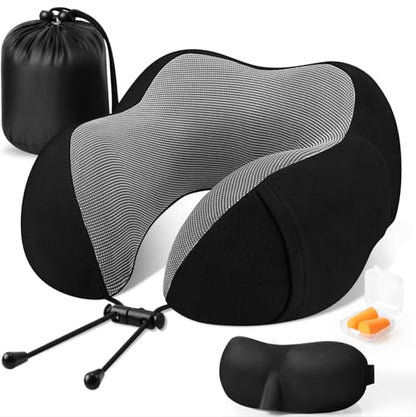 CloudBliss Travel Pillow Premium Memory Foam, Comfortable & Supportive Neck Pillow, Pain Relief Sleeping Neck Pillows for Travel, Airplane Pillow for Sleeping Airplane, Car, Office and Home（Black）