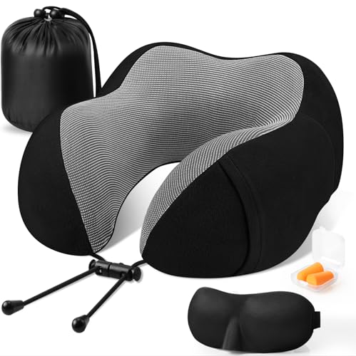 CloudBliss Travel Pillow Premium Memory Foam, Comfortable & Supportive Neck Pillow, Pain Relief Sleeping Neck Pillows for Travel, Airplane Pillow for Sleeping Airplane, Car, Office and Home（Black）