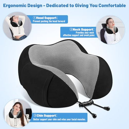 CloudBliss Travel Pillow Premium Memory Foam, Comfortable & Supportive Neck Pillow, Pain Relief Sleeping Neck Pillows for Travel, Airplane Pillow for Sleeping Airplane, Car, Office and Home（Black）