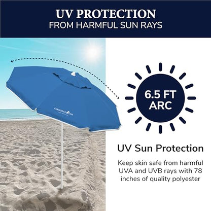 CARIBBEAN JOE Beach Umbrella, Portable and Adjustable Tilt Sun Umbrella with UV Protection, Vented Canopy, Full 6.5 ft Arc, Blue