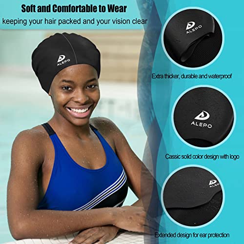 Alepo Extra Large Swim Cap for Women Men, Durable Silicone Swimming Hat with Ear Protection, Unisex Adults Bath Swimming Caps for Long Thick Curly Hair & Dreadlocks Braids Weaves Afro Hair (Black)