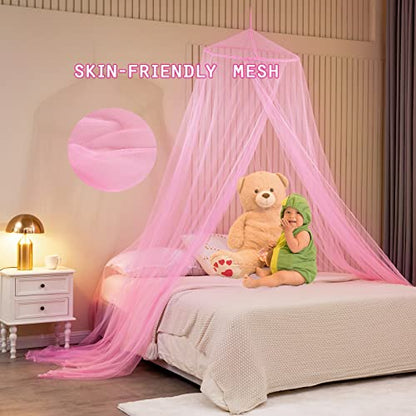 Obrecis Mosquito Net Bed Canopy for Girls, Pink Canopy Bed Curtains Hanging Princess Canopy Mosquito Netting Bed Tent Canopy for Bed Frame Bedroom Decor Twin Full Queen King Size Bed for Home