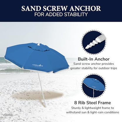 CARIBBEAN JOE Beach Umbrella, Portable and Adjustable Tilt Sun Umbrella with UV Protection, Vented Canopy, Full 6.5 ft Arc, Blue