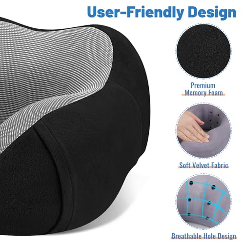 CloudBliss Travel Pillow Premium Memory Foam, Comfortable & Supportive Neck Pillow, Pain Relief Sleeping Neck Pillows for Travel, Airplane Pillow for Sleeping Airplane, Car, Office and Home（Black）