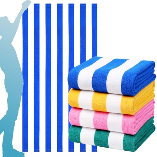 4 Packs Oversized Stripe Beach Towel Thin Terry Set XL Extra Large Big Clearance Pool Travel Blanket Cruise Vacation Accessories Essentials Soft Swim Bath Towels Bulk Men Women Adults Gift Blue Pink