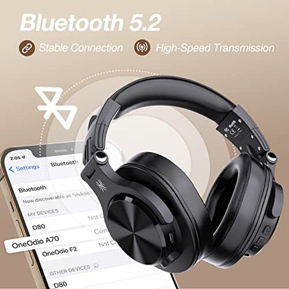 OneOdio A70 Bluetooth Over Ear Headphones, Wireless Headphones w/ 72H Playtime, Hi-Res, 3.5mm/6.35mm Wired Audio Jack for Studio Monitor & Mixing DJ Guitar AMP, Computer Laptop PC Tablet - Black