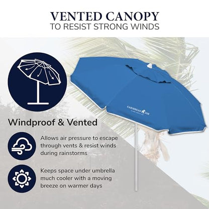 CARIBBEAN JOE Beach Umbrella, Portable and Adjustable Tilt Sun Umbrella with UV Protection, Vented Canopy, Full 6.5 ft Arc, Blue