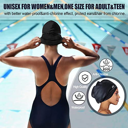 Alepo Extra Large Swim Cap for Women Men, Durable Silicone Swimming Hat with Ear Protection, Unisex Adults Bath Swimming Caps for Long Thick Curly Hair & Dreadlocks Braids Weaves Afro Hair (Black)