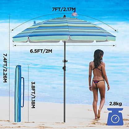 BondFree Beach Umbrellas for Sand Heavy Duty Wind, Portable Sun Shade Umbrella,7FT Sun Umbrella Beach, UPF 50+ PU Coating Beach Umbrella with Carry Bag Hook