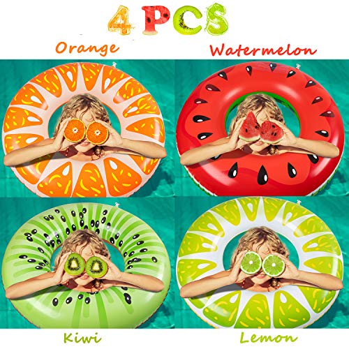 90shine 5PCS Fruit Pool Floats Watermelon Kiwi Orange Lemon Swimming Rings with 13.5" Beach Ball - Inflatable Tubes Floaties Toys for Kids Adults