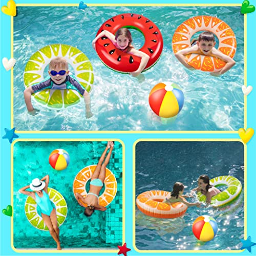 90shine 5PCS Fruit Pool Floats Watermelon Kiwi Orange Lemon Swimming Rings with 13.5" Beach Ball - Inflatable Tubes Floaties Toys for Kids Adults