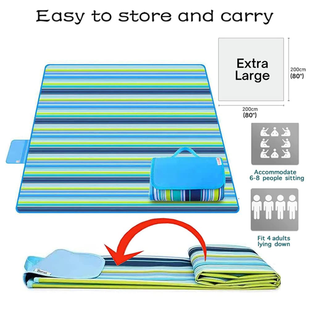 LRUUIDDE Large 80"x 60" Beach Blanket, Outdoor Picnic Blankets, Waterproof Sandproof Portable Blankets, Foldable and Lightweight for Spring Summer Camping, Beach, Park (Blue)