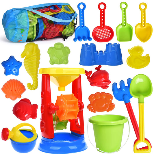 Sand Toys, 19 Piece Beach Toys Set Kids Sandbox Toys Includes Water Wheel Beach Tool Kit Bucket Watering Can Molds Snow Toys Mesh Bag for Travel, Sand Toys for Kids Ages 3-13