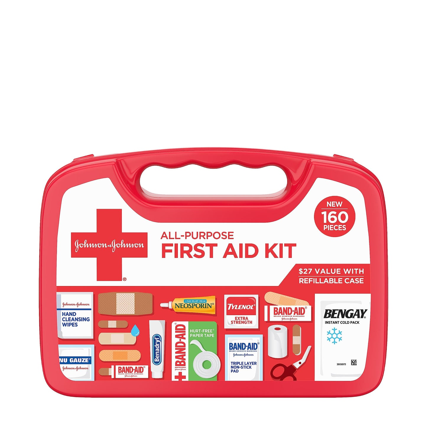 Johnson & Johnson All-Purpose Portable Compact First Aid Kit for Minor Cuts, Scrapes, Sprains & Burns, Ideal for Home, Car, Travel, Camping and Outdoor Emergencies, 160 pieces