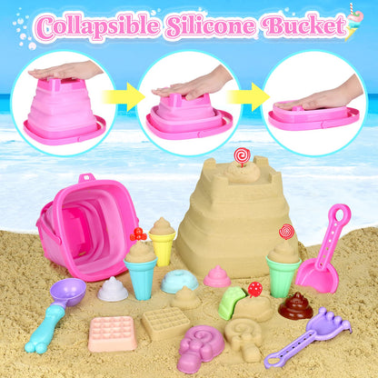 Collapsible Beach Toys Set for Kids Toddlers Girls, Collapsible Sand Bucket and Shovels Set with Mesh Bag & Sand Molds, Ice Cream Travel Sand Toys for Beach, Sandbox Toys for Toddlers Kids Age 3-10